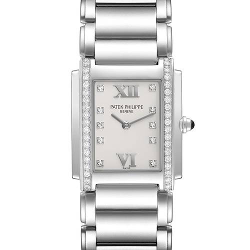 The Patek Philippe Twenty-4 4910/10A-011 Women's Stainless Steel Silver Dial 4910/10A-011 Women's Stainless Steel Silver Dial watch is shown from the front, highlighting the rectangular face and metal bracelet.