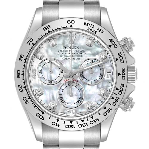 This Rolex Daytona 116509 Men's White Gold Mother of Pearl Dial 116509 Men's White Gold Mother of Pearl Dial watch is shown from the front, highlighting the dial, bezel, and part of the bracelet.
