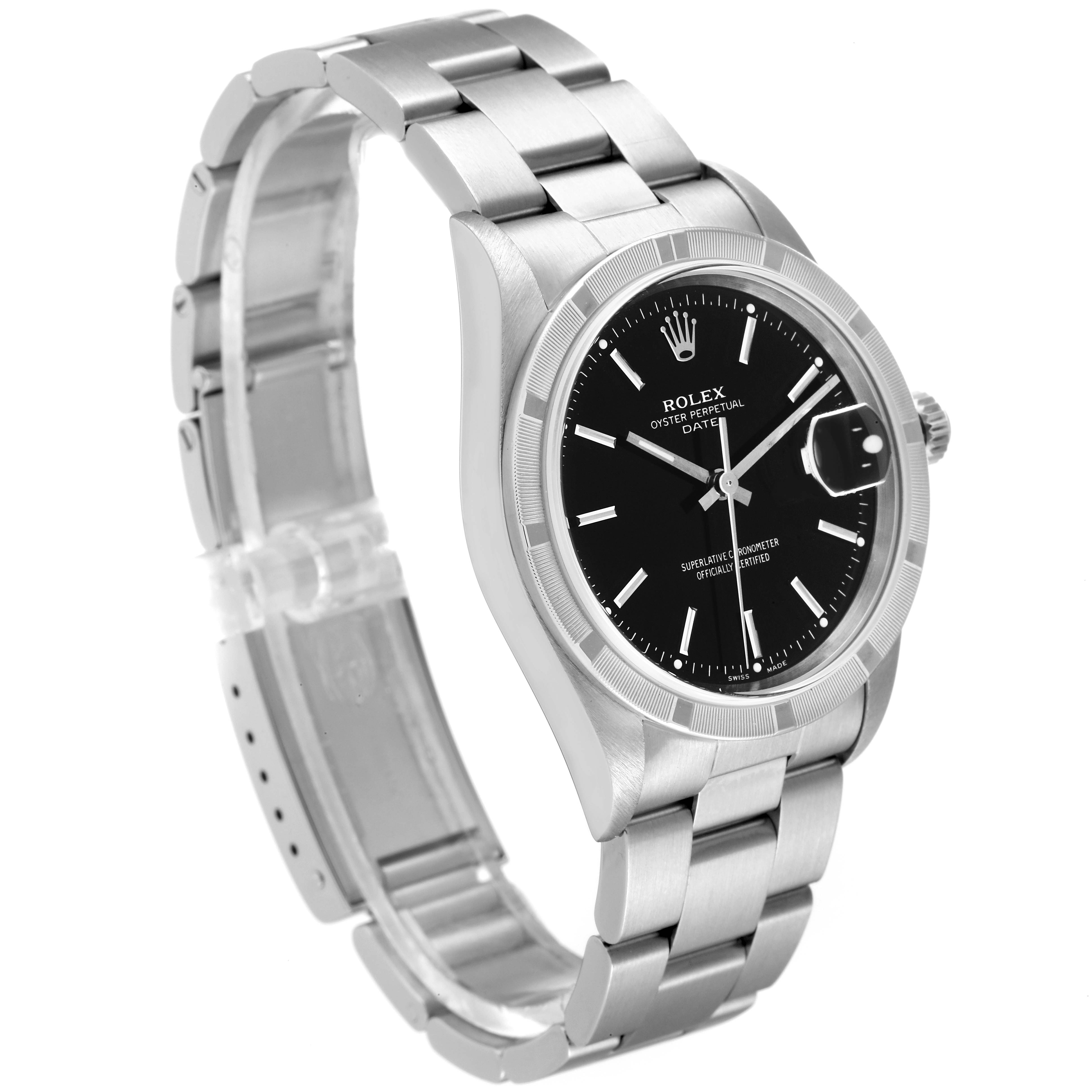 This image shows a Rolex Date 15210 Men's Stainless Steel Black Dial 15210 Men's Stainless Steel Black Dial model watch from a front-left angle, highlighting its face, bezel, and bracelet.