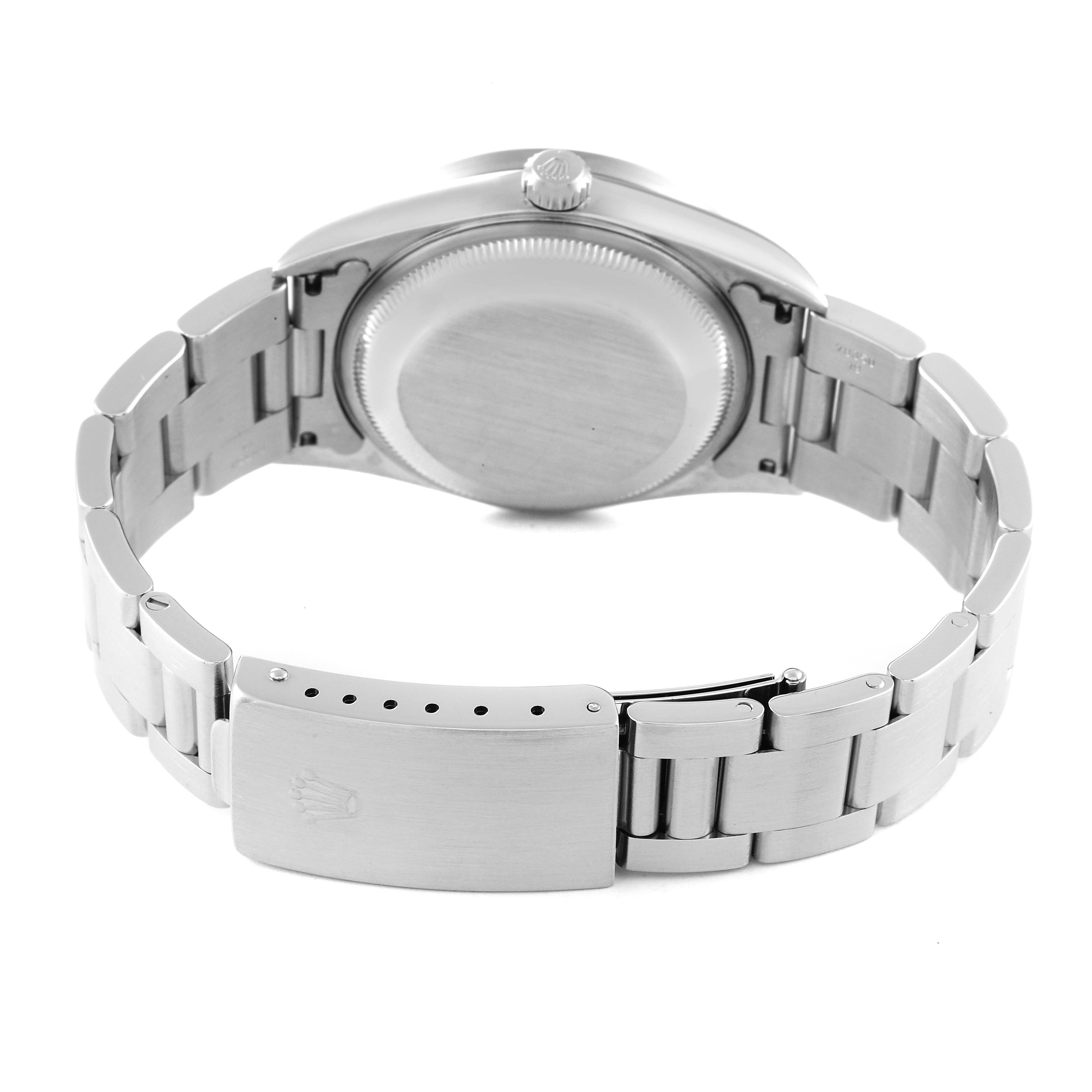 The image shows the back case and bracelet clasp of a Rolex Date 15210 Men's Stainless Steel Black Dial 15210 Men's Stainless Steel Black Dial model watch, viewed from the underside.