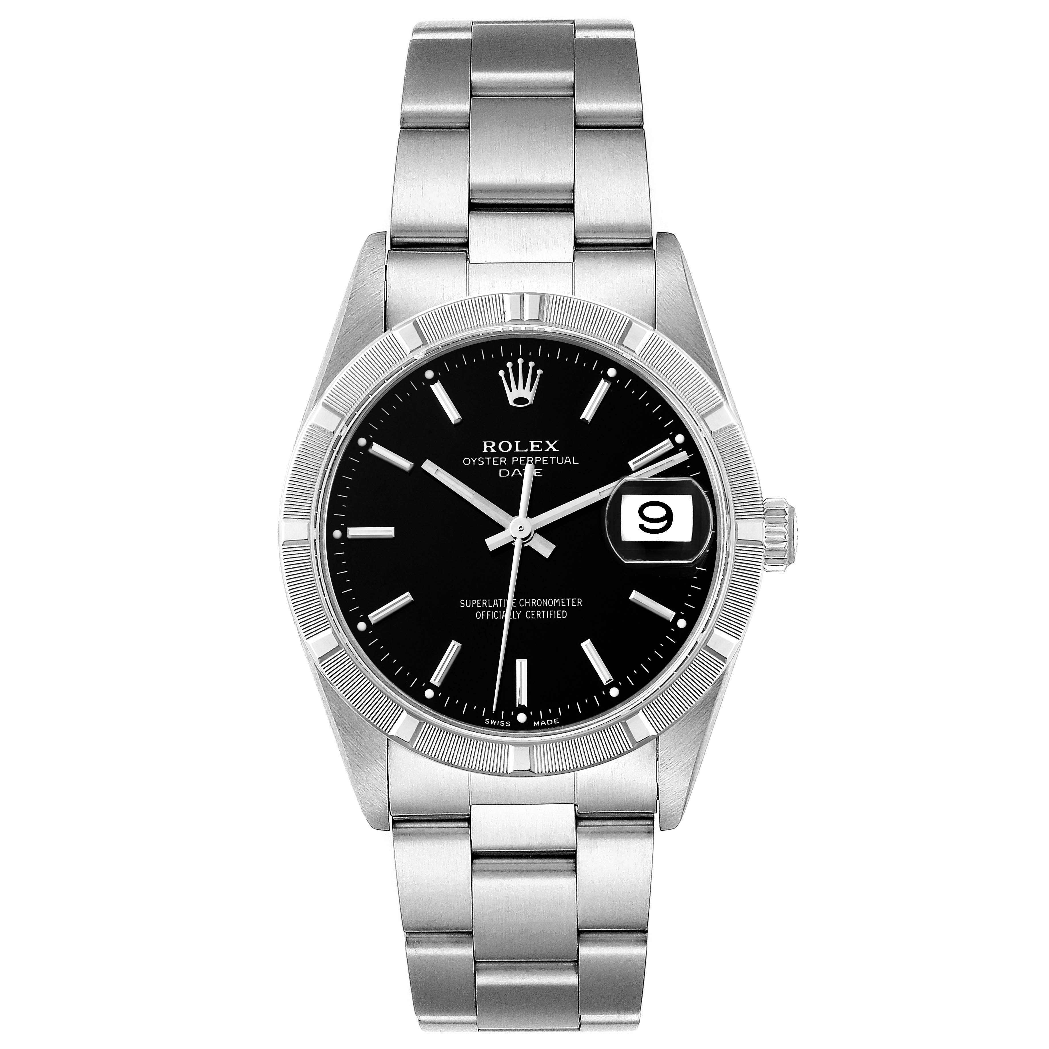 This image shows a front view of the Rolex Date 15210 Men's Stainless Steel Black Dial 15210 Men's Stainless Steel Black Dial model watch in silver with a black dial and date window.