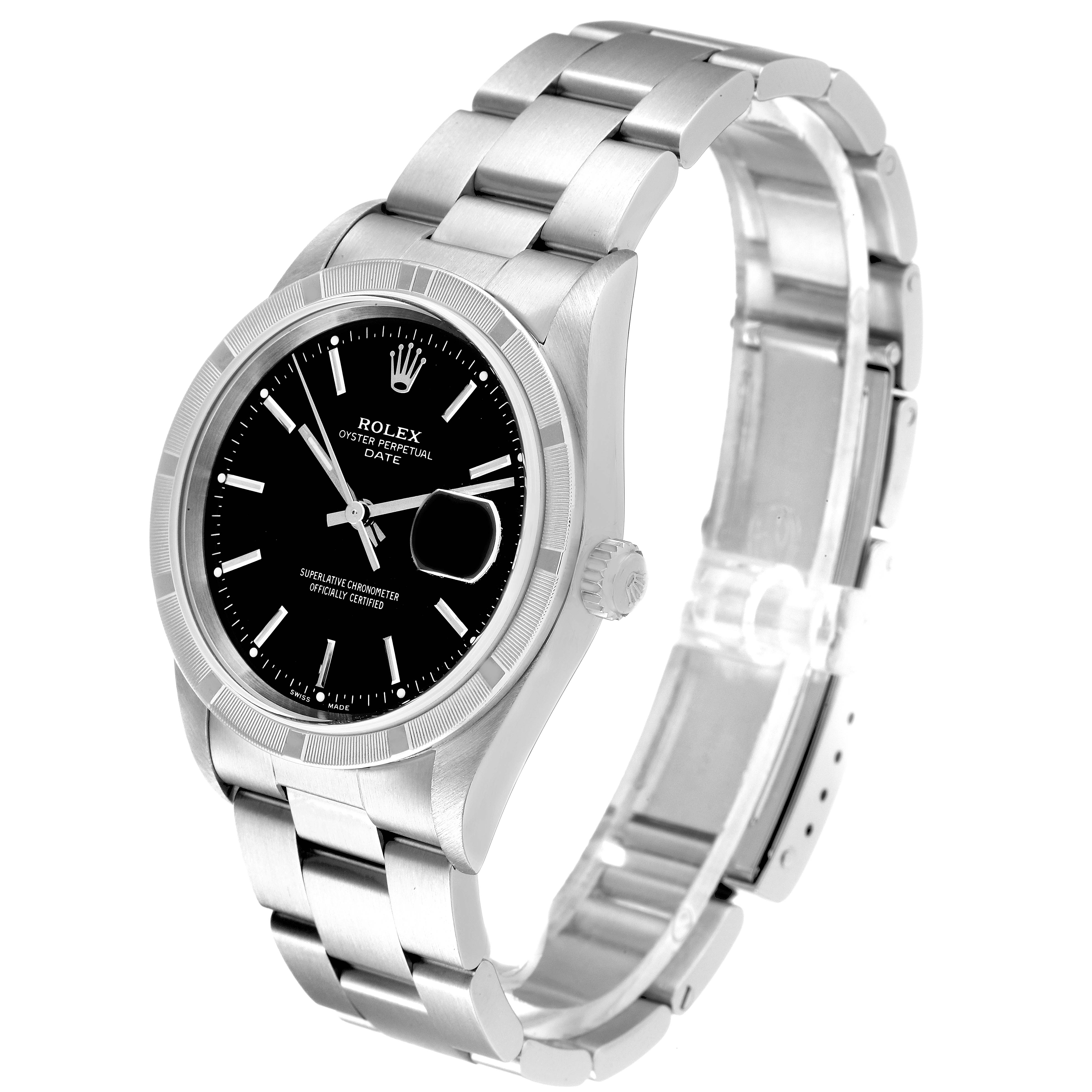 The image shows a Rolex Date 15210 Men's Stainless Steel Black Dial 15210 Men's Stainless Steel Black Dial watch at a three-quarter angle, displaying the black dial, bezel, crown, and metal bracelet.