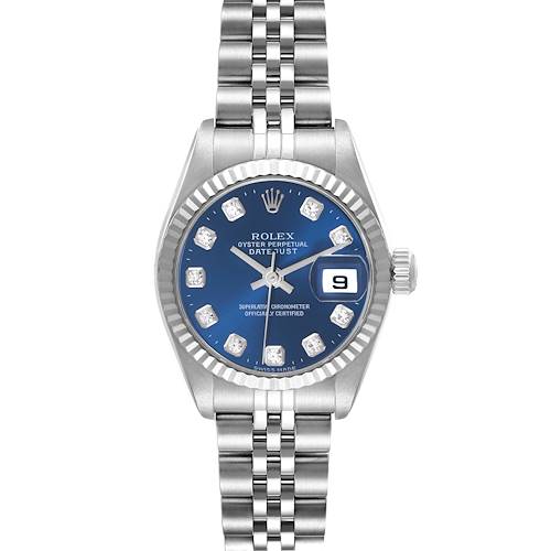 The Rolex Datejust 79174 Women's Stainless Steel Blue Dial 79174 Women's Stainless Steel Blue Dial watch is shown from a top view, displaying its face, bezel, crown, and bracelet.