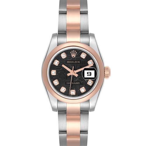 The Rolex Datejust 179161 Women's Steel and Gold (two tone) Black Dial 179161 Women's Steel and Gold (two tone) Black Dial watch is shown from a top view, displaying the face, bezel, and part of the bracelet.