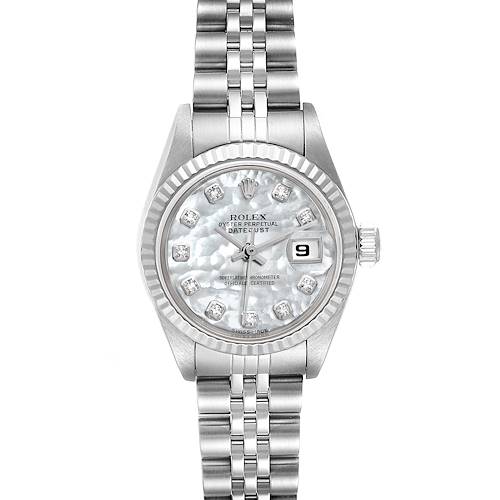 The image shows a Rolex Datejust 79174 Women's Stainless Steel Mother of Pearl Dial 79174 Women's Stainless Steel Mother of Pearl Dial watch from a top view, displaying its dial, bezel, bracelet, and date window at 3 o'clock.
