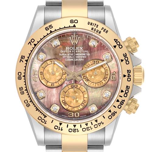 The image shows a front view of the Rolex Daytona 116503 Men's Steel and Gold (two tone) Mother of Pearl Dial 116503 Men's Steel and Gold (two tone) Mother of Pearl Dial watch, highlighting the bezel, dial, and subdials.