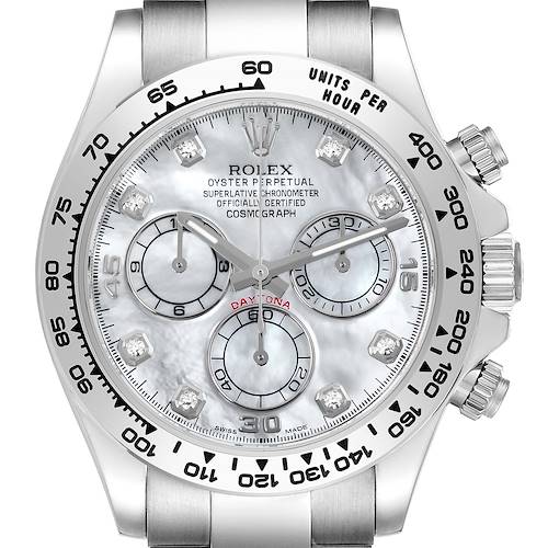 The Rolex Daytona 116509NG Men's White Gold Mother of Pearl Dial watch is shown from the front, highlighting its dial, subdials, crown, and bezel.