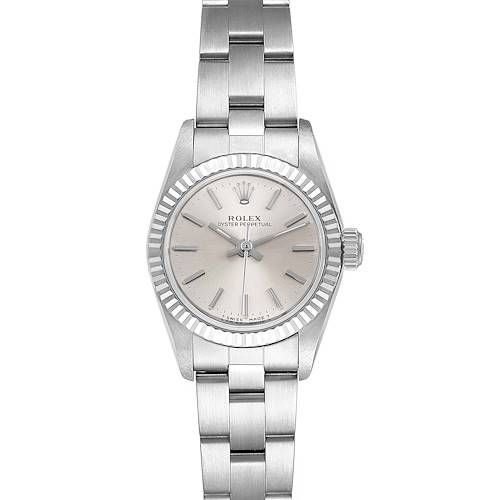This image shows a frontal view of the Rolex Oyster Perpetual 67194 Women's Stainless Steel Silver Dial 67194 Women's Stainless Steel Silver Dial watch, including its face, bezel, bracelet, and crown.