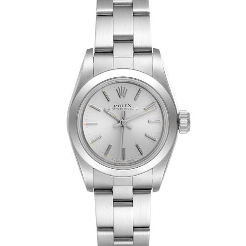 The Rolex Oyster Perpetual 67180 Women's Stainless Steel Silver Dial 67180 Women's Stainless Steel Silver Dial watch is shown from a top-down angle, displaying the dial, case, and bracelet.