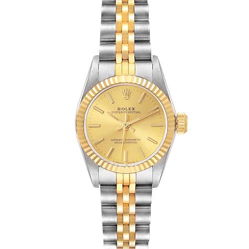 The Rolex Oyster Perpetual 67193 Women's Steel and Gold (two tone) Champagne Dial 67193 Women's Steel and Gold (two tone) Champagne Dial watch is shown from a front angle, highlighting the face, bezel, and bracelet.