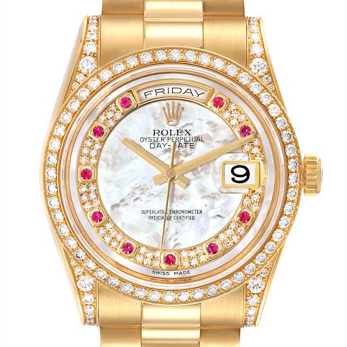 The Rolex President 118388 Men's Yellow Gold Mother of Pearl Dial 118388 Men's Yellow Gold Mother of Pearl Dial model watch is shown from the front, displaying its face, bezel, and partial bracelet.