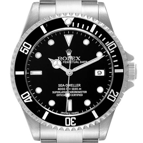 The image shows a front view of the Rolex Sea-Dweller 16600T Men's Stainless Steel Black Dial 16600T Men's Stainless Steel Black Dial watch, displaying its dial, bezel, and bracelet.