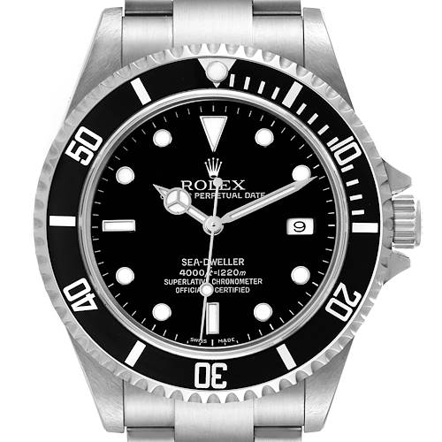 The image shows a front view of the Rolex Sea-Dweller 16600T Men's Stainless Steel Black Dial 16600T Men's Stainless Steel Black Dial watch, highlighting its dial, bezel, and bracelet.