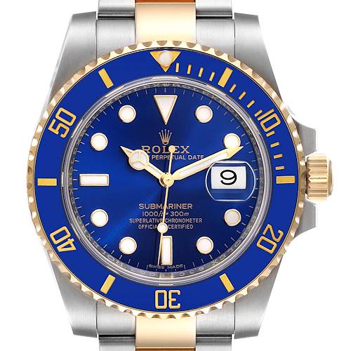 This image shows a front view of the Rolex Submariner 116613 Men's Steel and Gold (two tone) Blue Dial 116613 Men's Steel and Gold (two tone) Blue Dial watch, displaying its blue dial, date window, and two-tone metal band.