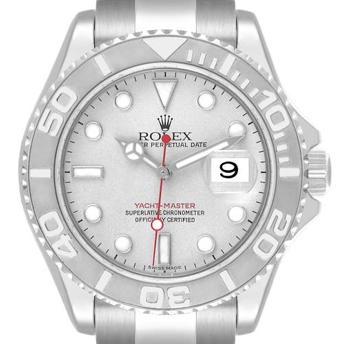 The Rolex Yacht-Master 16622 Men's Steel and Gold (two tone) Silver Dial 16622 Men's Steel and Gold (two tone) Silver Dial watch is shown from the front, displaying its bezel, crown, and dial with a date window.