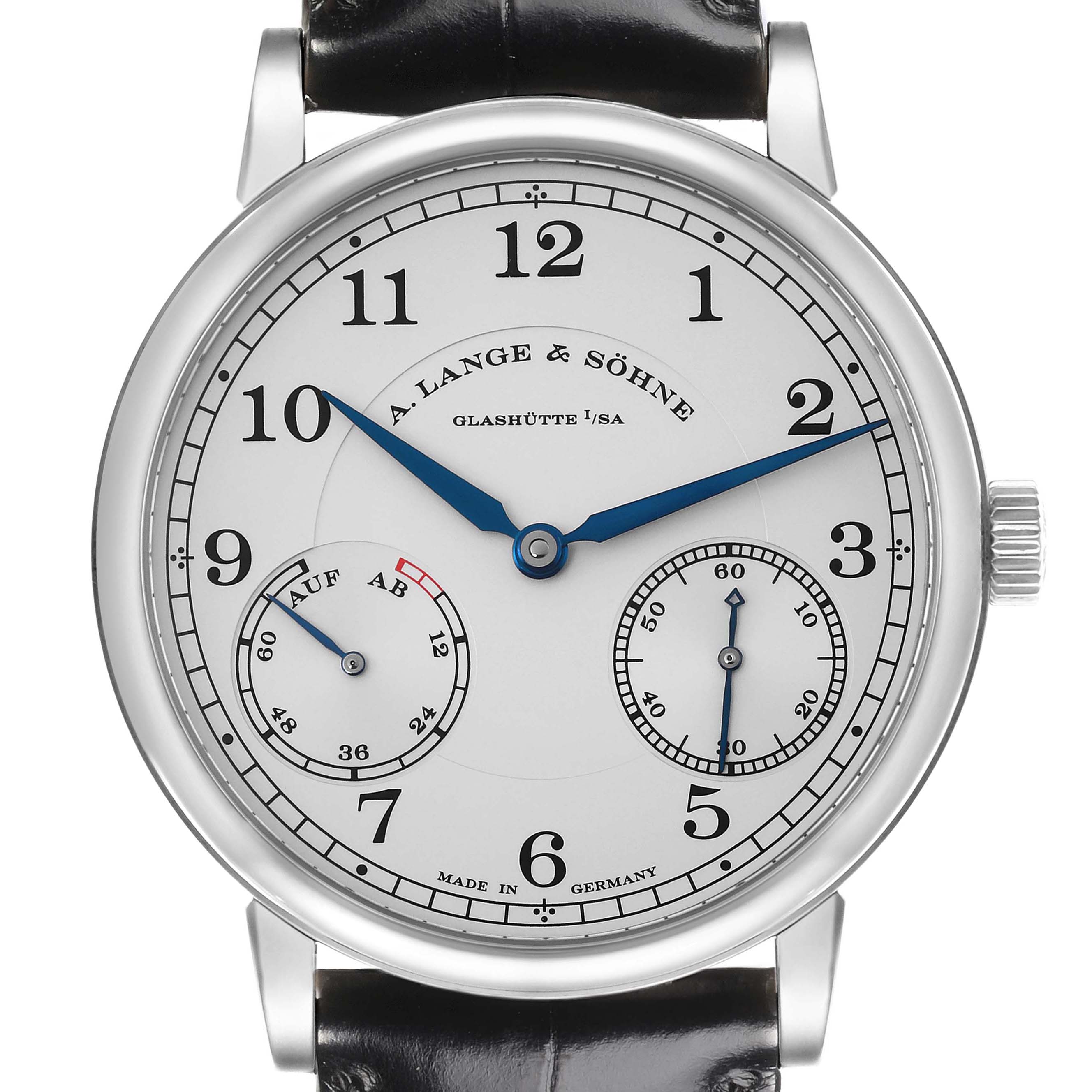 The A. Lange & Sohne 1815 234.026 Men's White Gold Silver Dial watch is shown from the front, displaying its dial with blue hands, numerals, and subdials.
