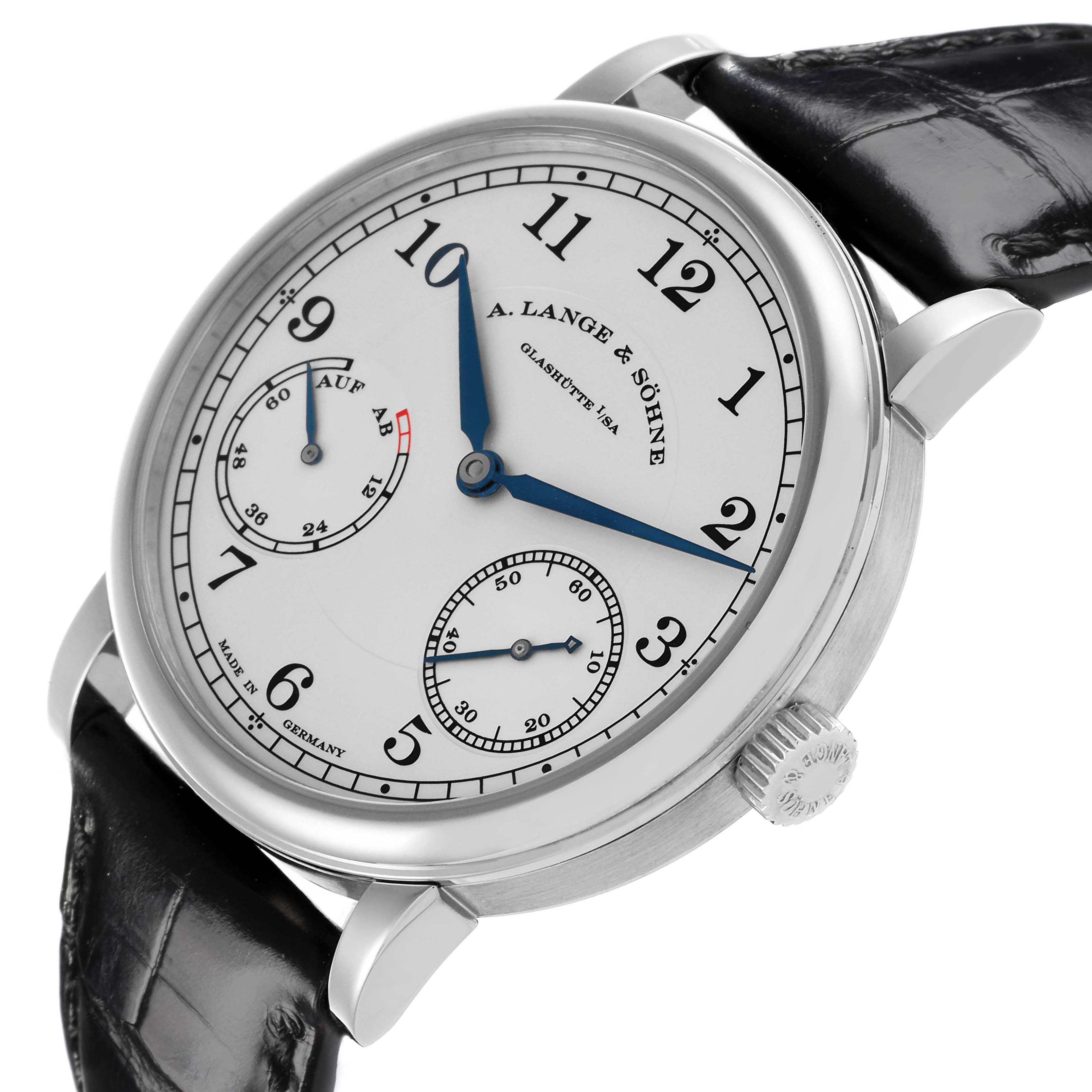 The A. Lange & Sohne 1815 234.026 Men's White Gold Silver Dial watch is shown at a slight angle, displaying the dial, case, crown, and leather strap.