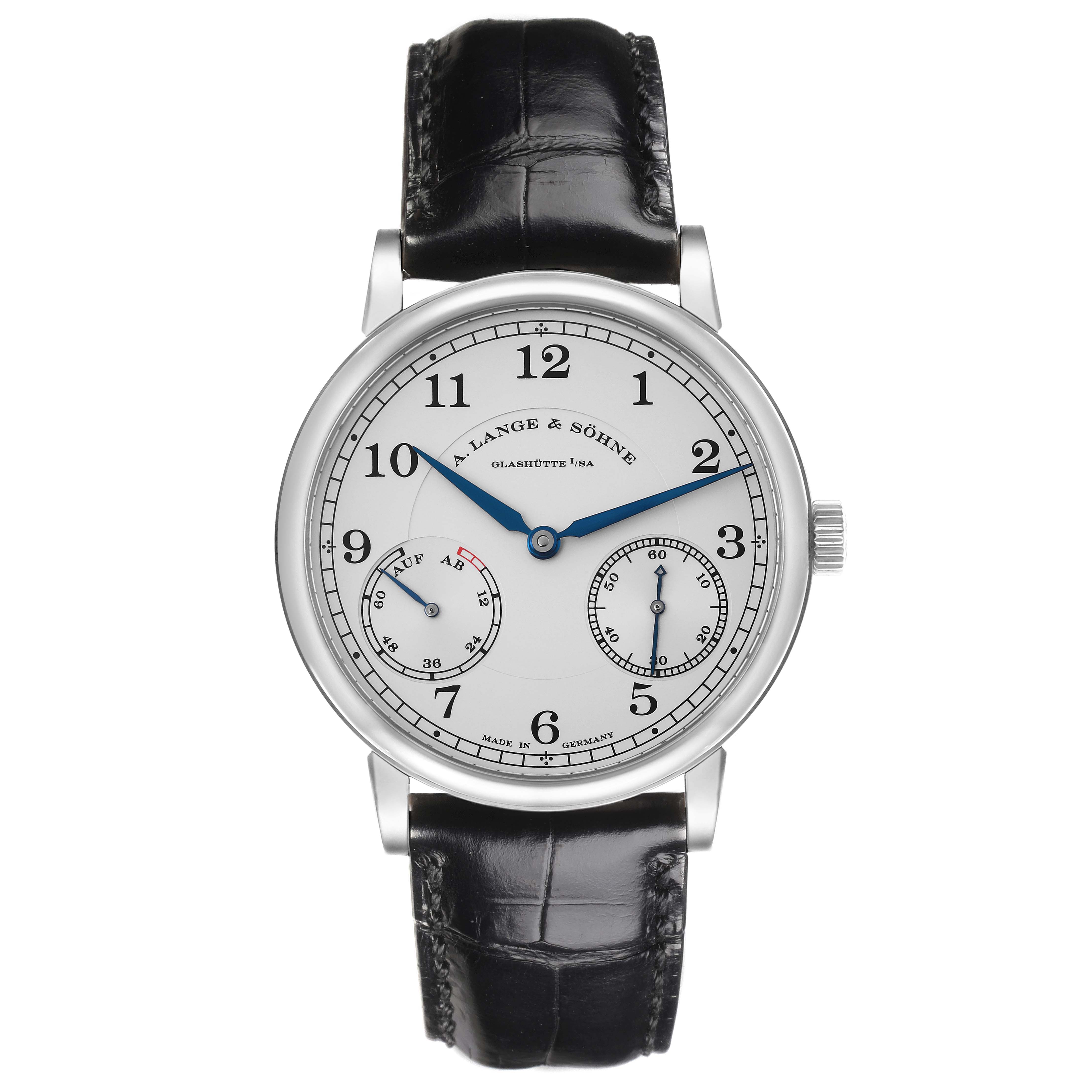 The A. Lange & Sohne 1815 234.026 Men's White Gold Silver Dial model is shown from a front angle, displaying the dial, hands, subdials, and leather strap.