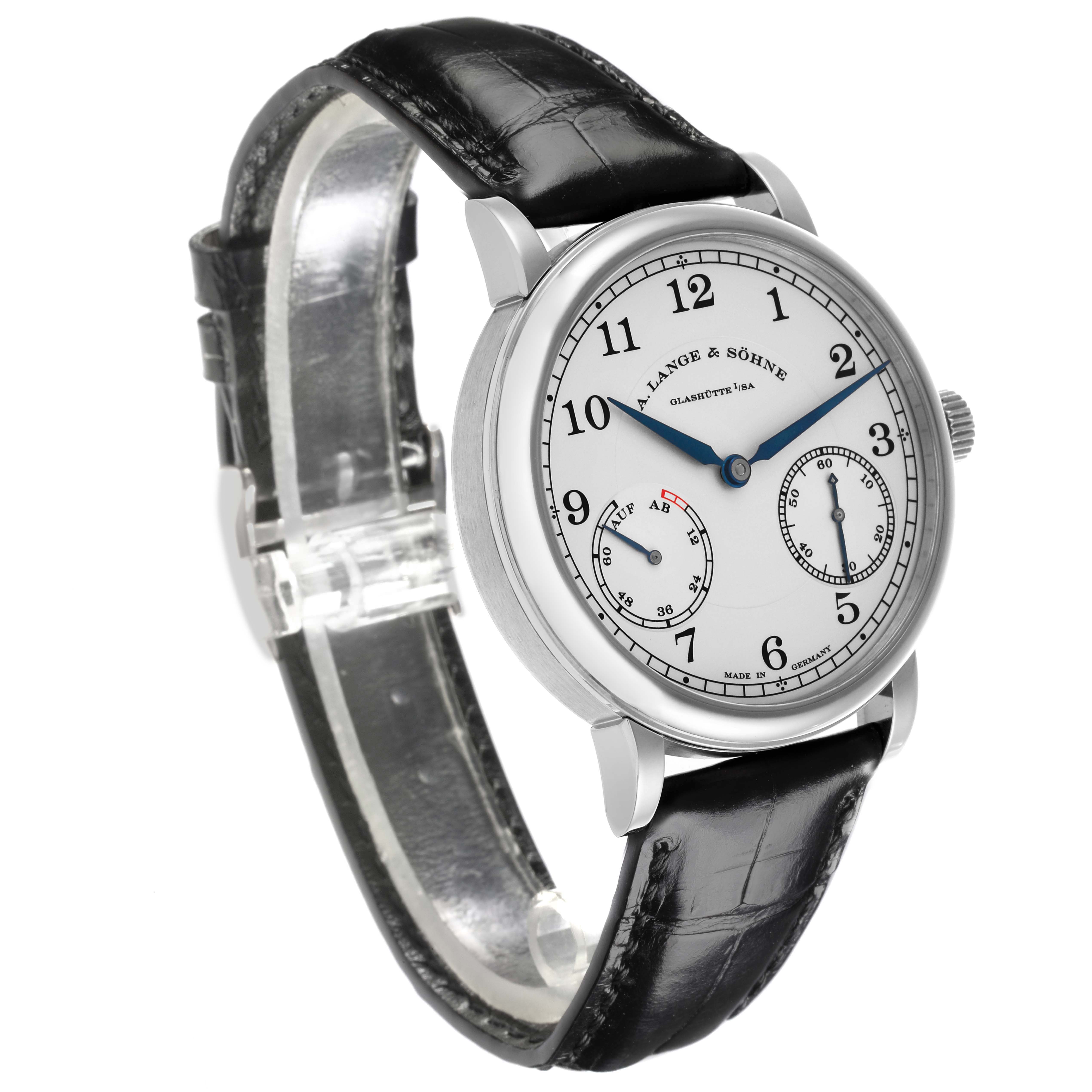 The A. Lange & Sohne 1815 234.026 Men's White Gold Silver Dial watch is viewed at a front angle, showcasing the dial, case, and leather strap.