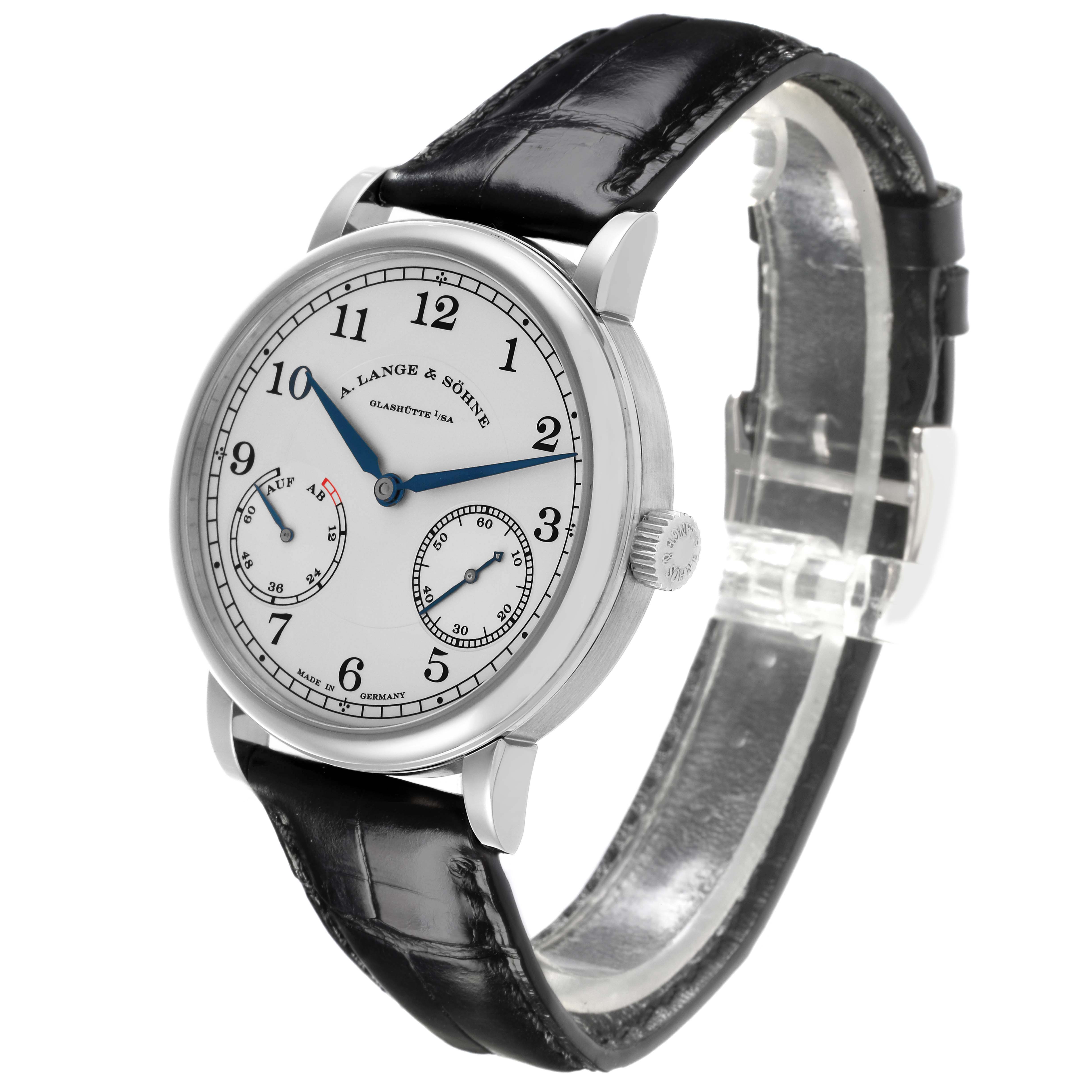 The A. Lange & Sohne 1815 234.026 Men's White Gold Silver Dial watch is shown at a slight angle, displaying the face, crown, case, and black leather strap.