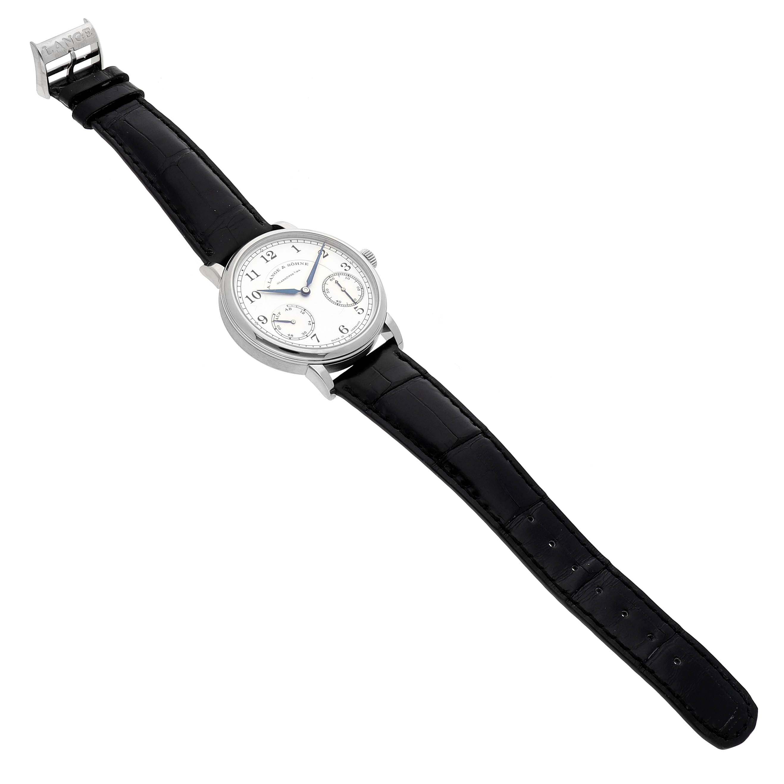 The A. Lange & Sohne 1815 234.026 Men's White Gold Silver Dial watch is shown from a top angle, displaying its face, strap, and clasp.