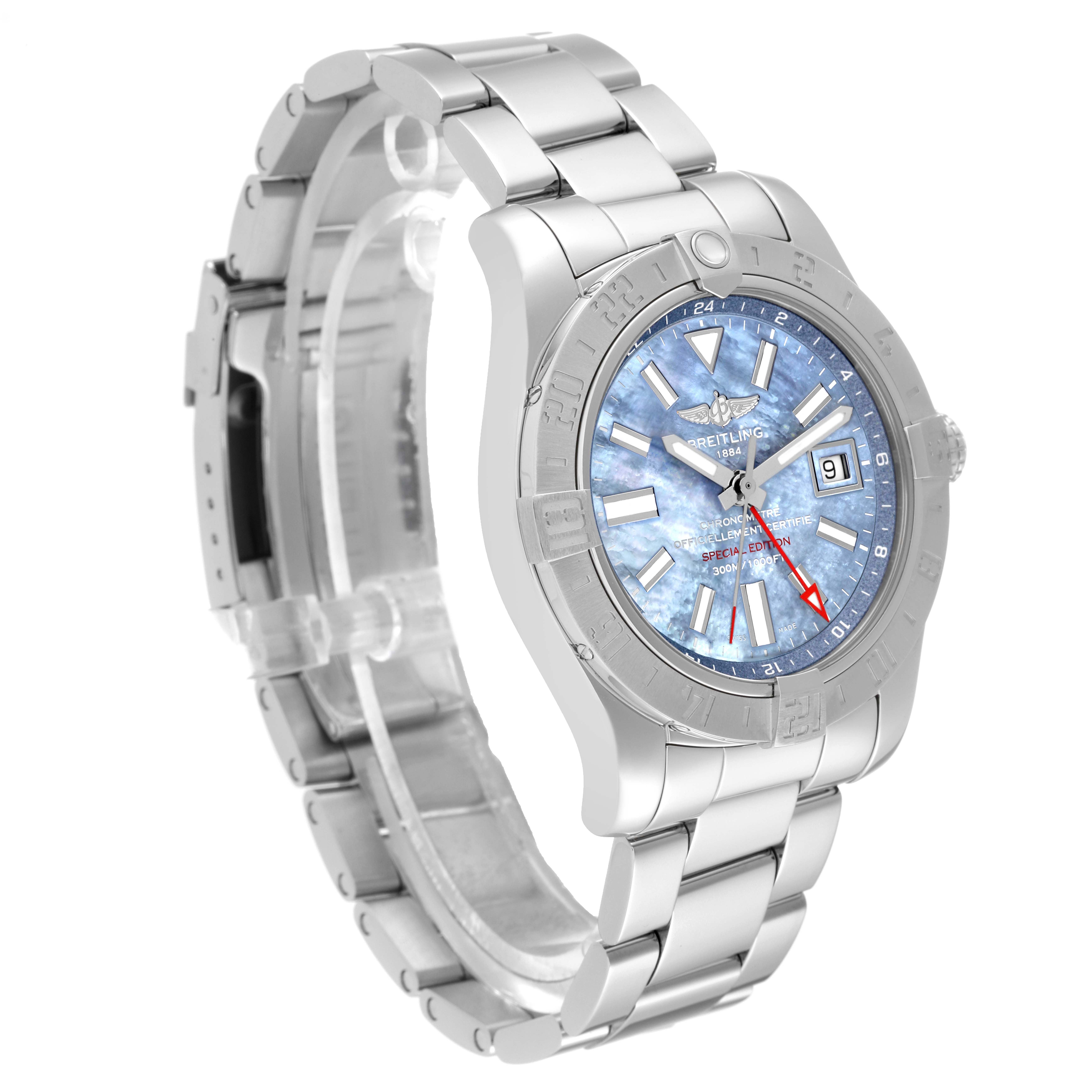 This image showcases a Breitling Avenger A3239011/C930 Men's Stainless Steel Mother of Pearl Dial A3239011/C930 Men's Stainless Steel Mother of Pearl Dial model watch at a three-quarter angle, highlighting the blue dial, date window, and stainless steel bracelet.