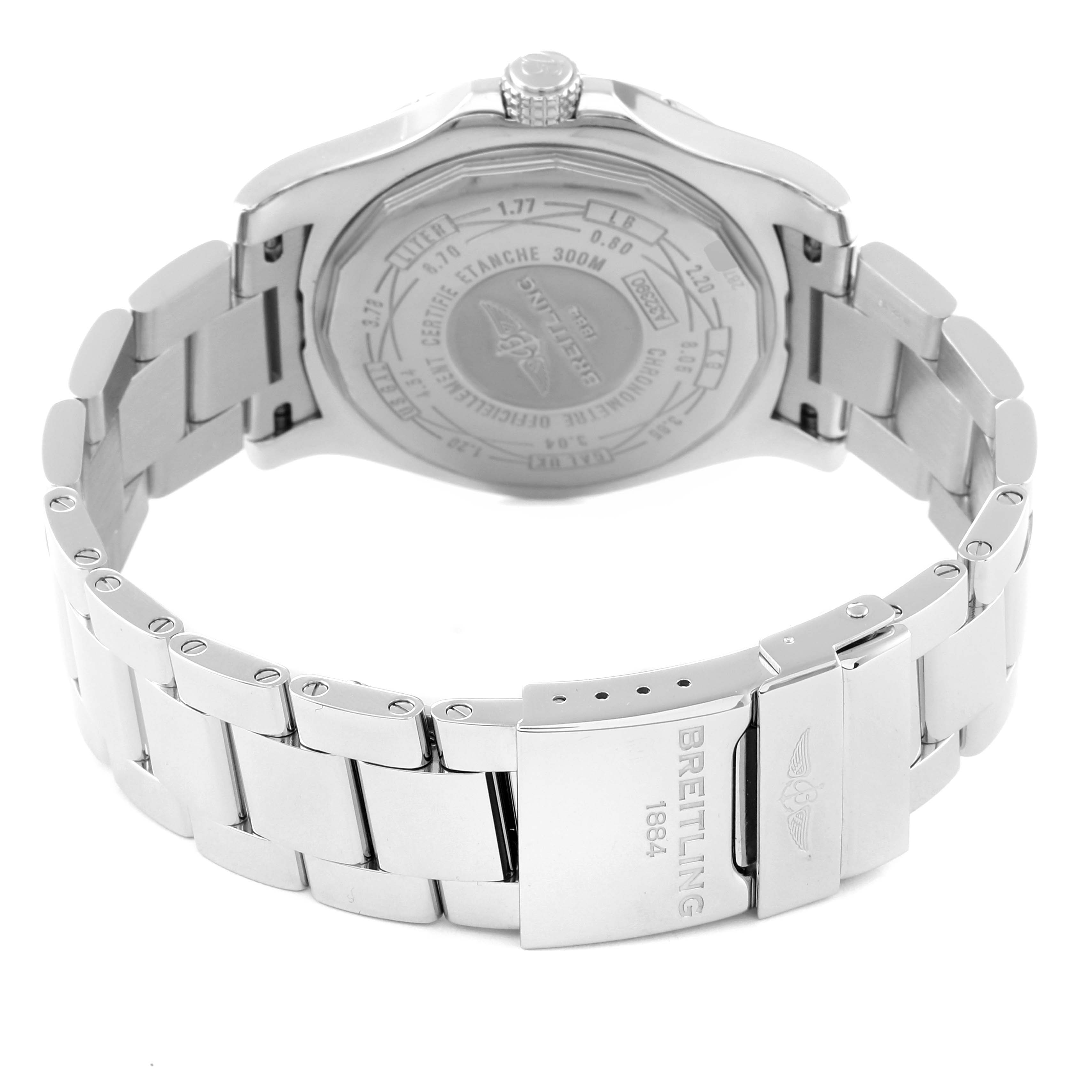The Breitling Avenger A3239011/C930 Men's Stainless Steel Mother of Pearl Dial A3239011/C930 Men's Stainless Steel Mother of Pearl Dial watch is shown from the back, displaying its clasp and caseback detailing.