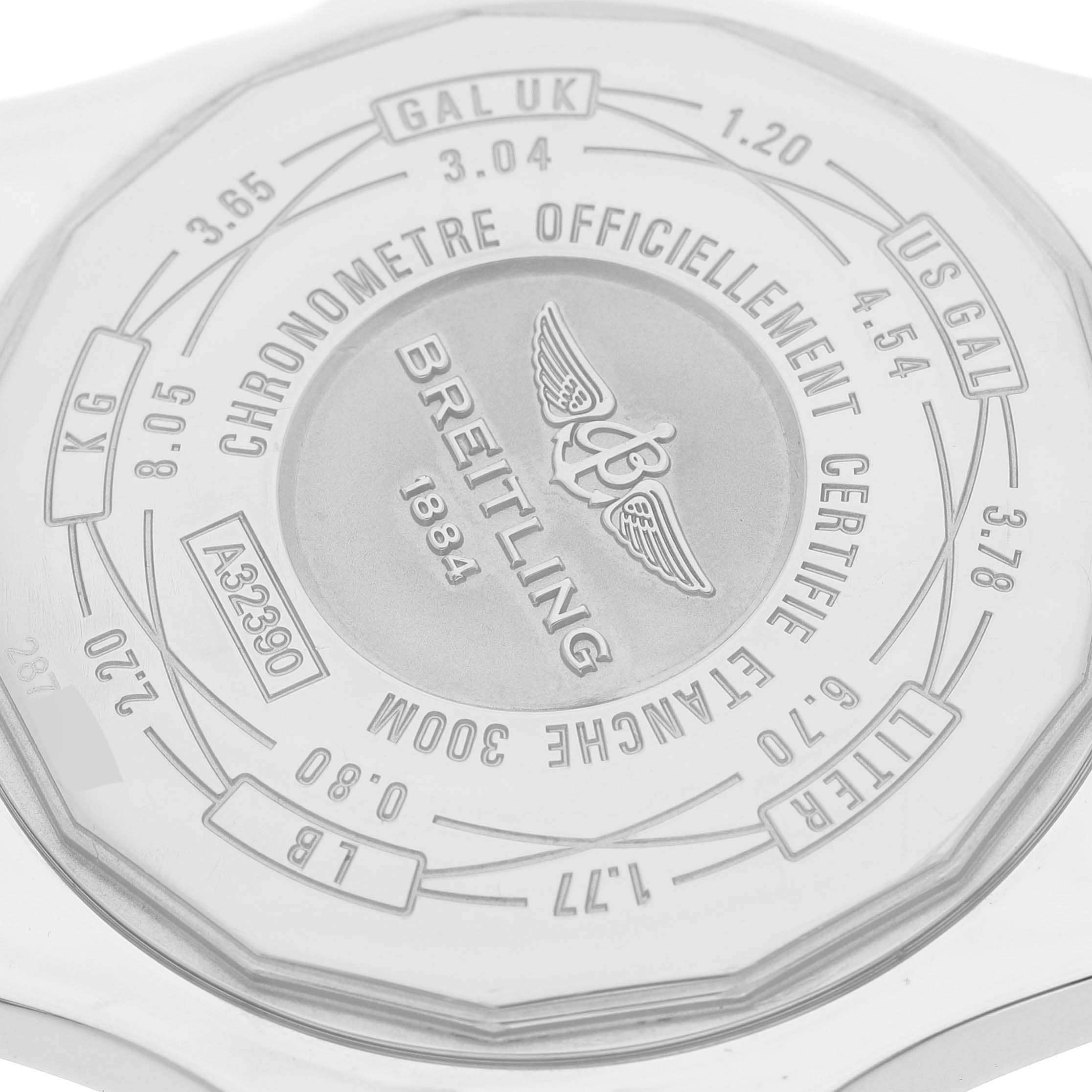 The image shows the back case of the Breitling Avenger A3239011/C930 Men's Stainless Steel Mother of Pearl Dial A3239011/C930 Men's Stainless Steel Mother of Pearl Dial watch, detailing engravings and measurement conversions.