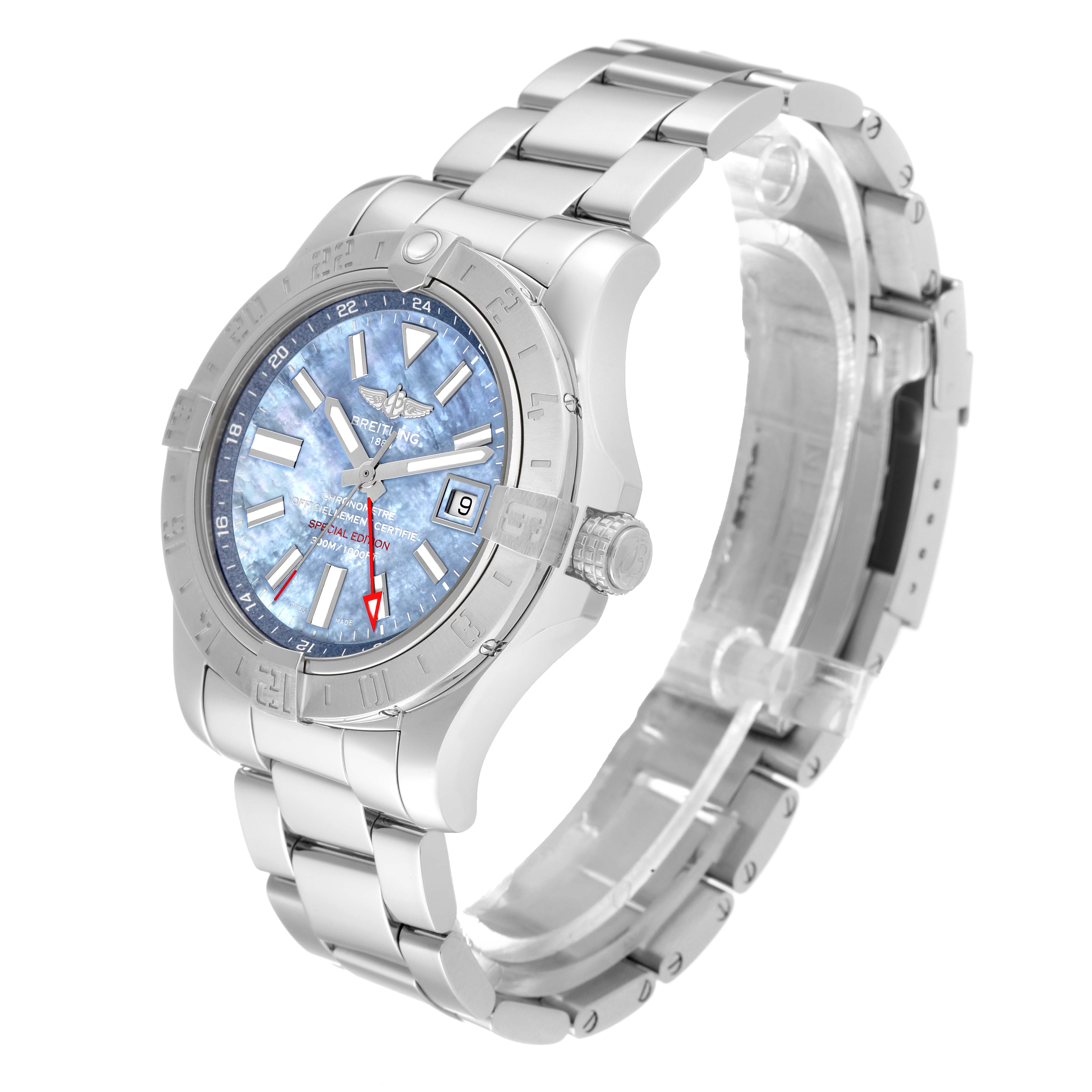 The Breitling Avenger A3239011/C930 Men's Stainless Steel Mother of Pearl Dial A3239011/C930 Men's Stainless Steel Mother of Pearl Dial watch is shown at a three-quarter angle, highlighting its face, bezel, crown, and bracelet.