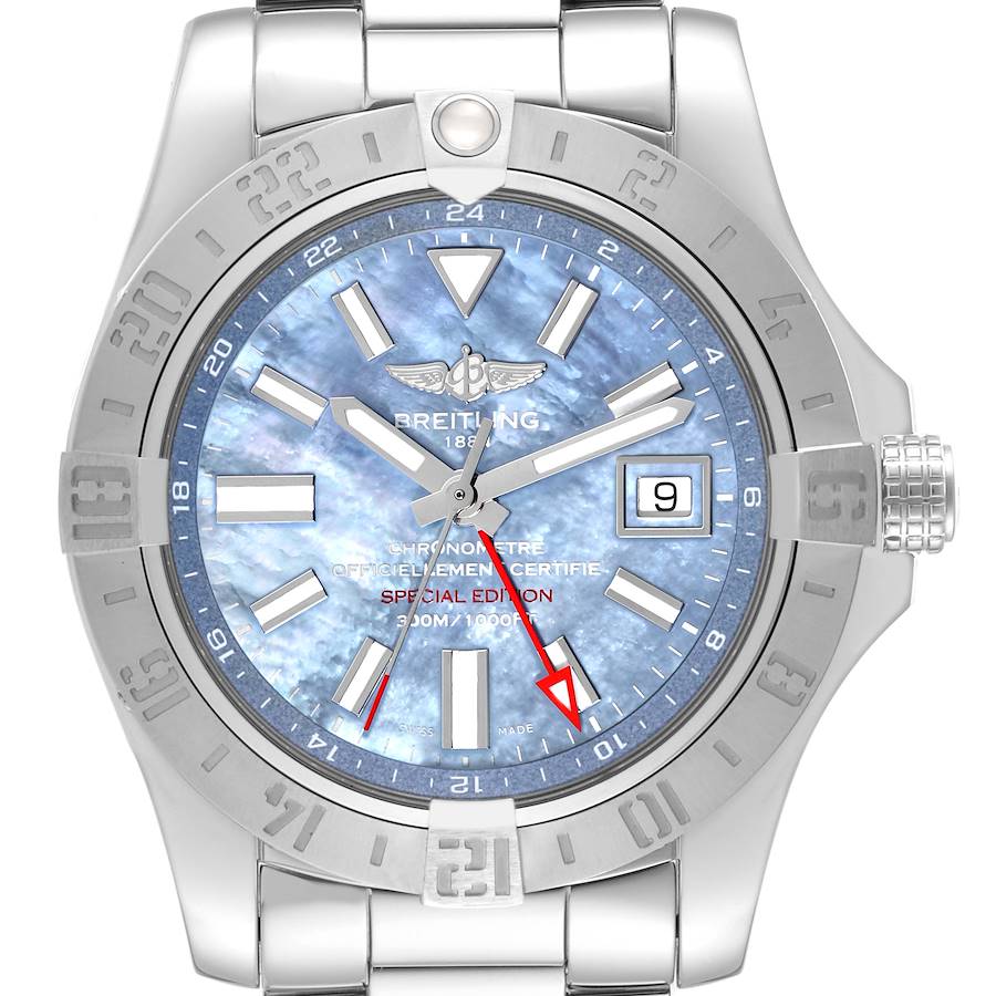 This image shows a frontal view of a Breitling Avenger A3239011/C930 Men's Stainless Steel Mother of Pearl Dial A3239011/C930 Men's Stainless Steel Mother of Pearl Dial watch, highlighting the dial, bezel, date window, and bracelet.