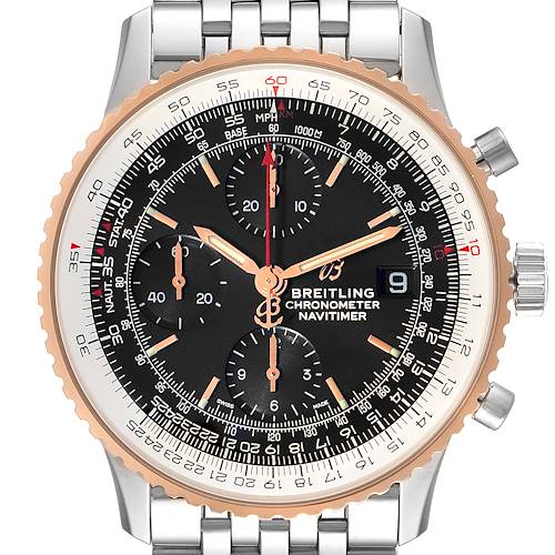 The image shows a Breitling Navitimer U13324211B1X1 Men's Steel and Gold (two tone) Black Dial U13324211B1X1 Men's Steel and Gold (two tone) Black Dial model watch from a front angle, highlighting its dial, hands, subdials, bezel, and bracelet.
