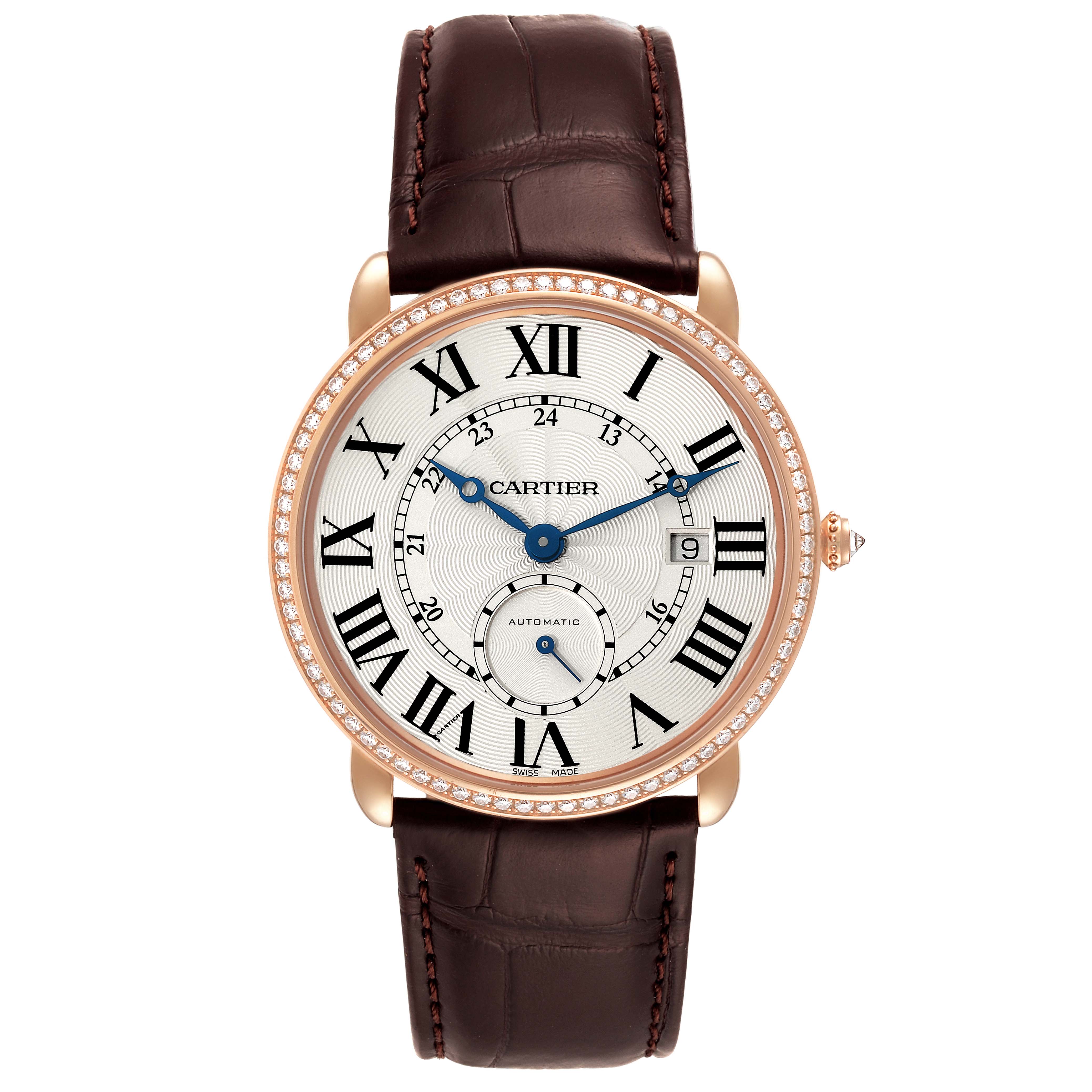 The image shows a Cartier Ronde WR007017 Men's Rose Gold Silver Dial WR007017 Men's Rose Gold Silver Dial model watch from a front angle, highlighting the dial, bezel, and brown leather strap.
