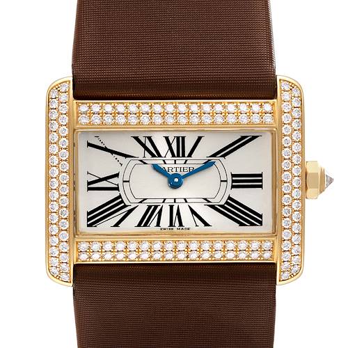 The image shows a frontal view of the Cartier Tank Divan WA301071 Women's Yellow Gold Silver Dial WA301071 Women's Yellow Gold Silver Dial watch, highlighting its diamond-encrusted bezel and brown strap.