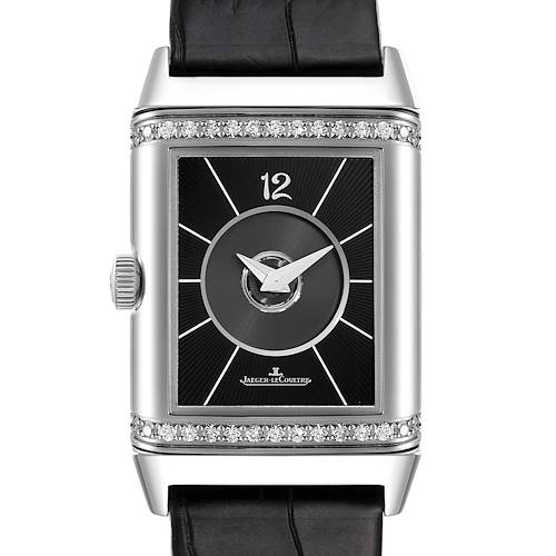 The image shows a front view of the dial and bezel of a Jaeger-LeCoultre Reverso watch with a black leather strap.
