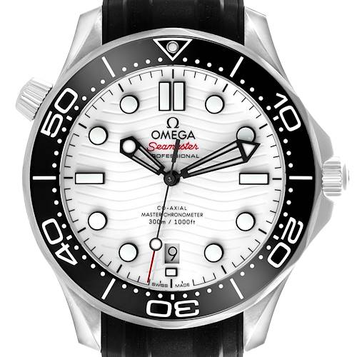 The Omega Seamaster 210.32.42.20.04.001 Men's Stainless Steel White Dial 210.32.42.20.04.001 Men's Stainless Steel White Dial watch is shown from the front, highlighting the dial, bezel, and strap.