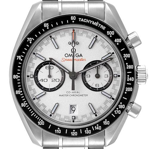 The image shows a frontal view of the Omega Speedmaster 329.30.44.51.04.001 Men's Stainless Steel White Dial 329.30.44.51.04.001 Men's Stainless Steel White Dial watch, highlighting the dial, tachymeter bezel, and crown.