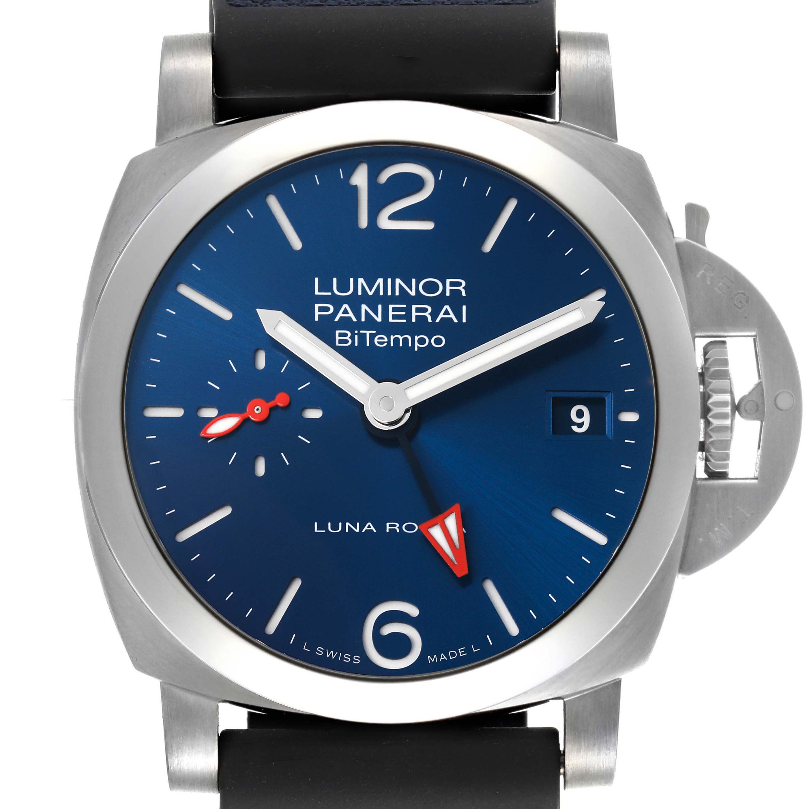 The Panerai Luminor PAM01404 Men's Stainless Steel Blue Dial PAM01404 Men's Stainless Steel Blue Dial model is shown from the front, displaying the blue dial, date, and signature crown guard.