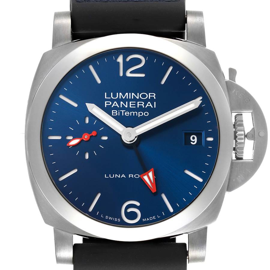 The Panerai Luminor PAM01404 Men's Stainless Steel Blue Dial PAM01404 Men's Stainless Steel Blue Dial model is shown from the front, displaying the blue dial, date, and signature crown guard.