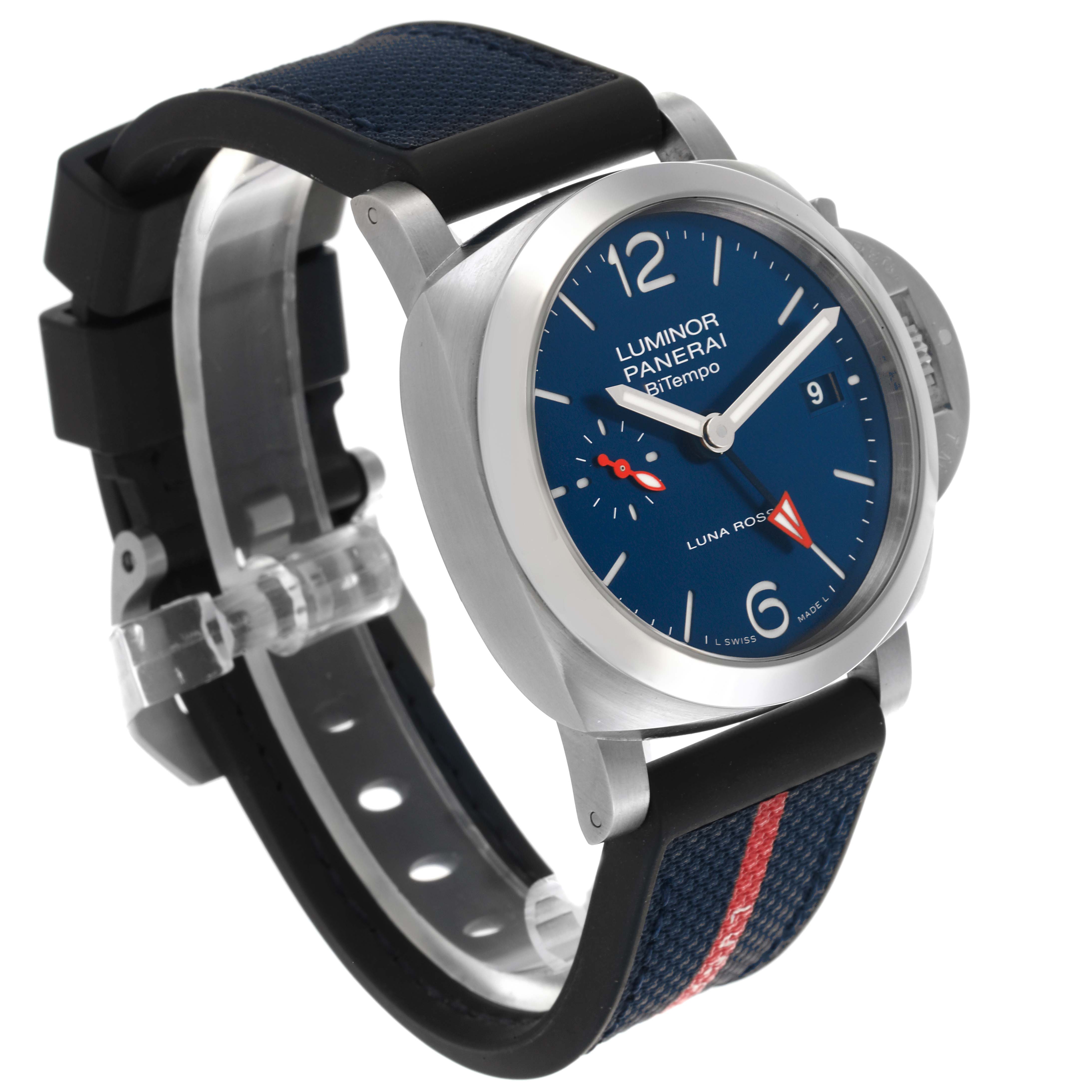 The Panerai Luminor PAM01404 Men's Stainless Steel Blue Dial PAM01404 Men's Stainless Steel Blue Dial watch is shown at a three-quarter angle, highlighting the dial, case, crown guard, and strap.