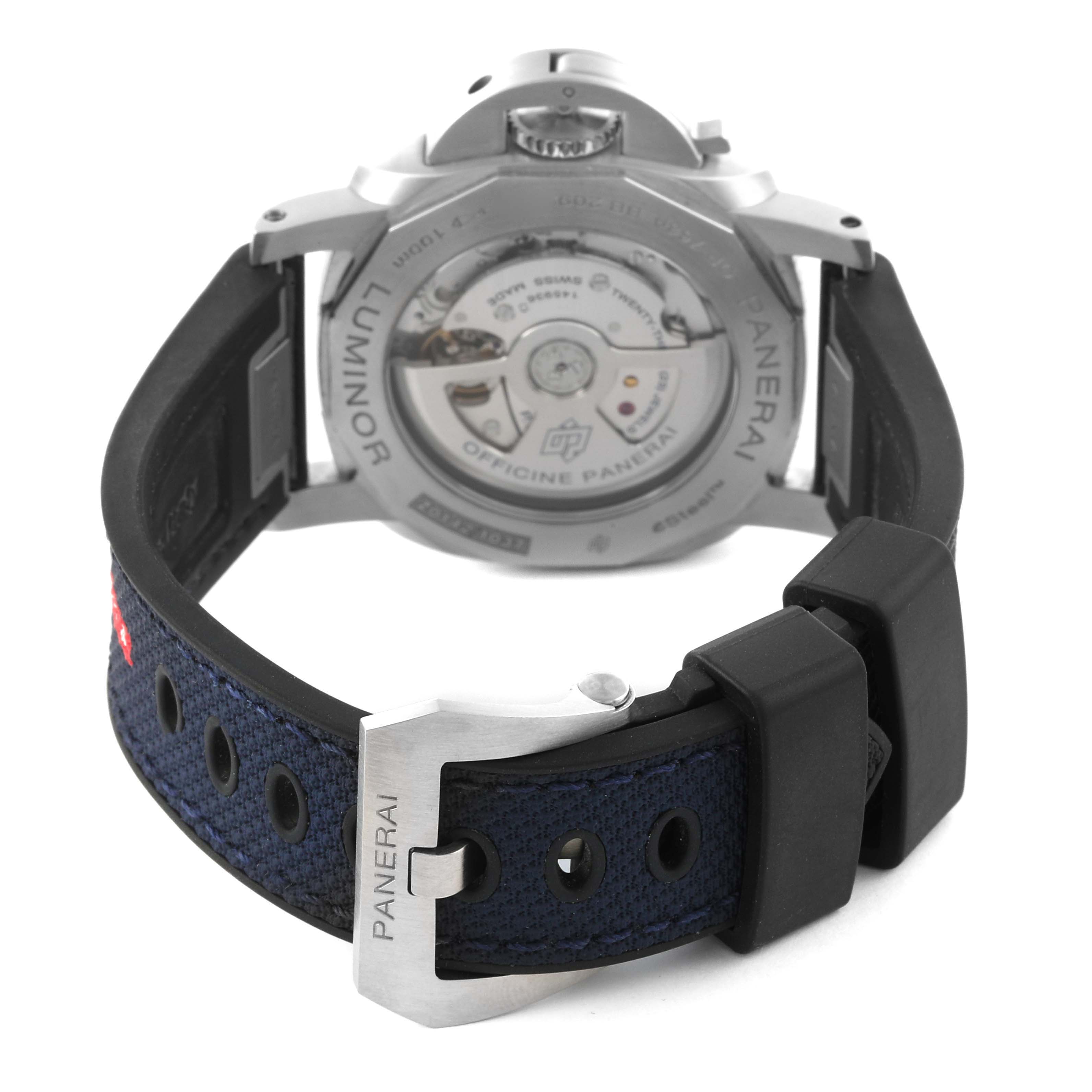 The image shows the back view of a Panerai Luminor PAM01404 Men's Stainless Steel Blue Dial PAM01404 Men's Stainless Steel Blue Dial watch, featuring the open case back and detailed strap buckle.