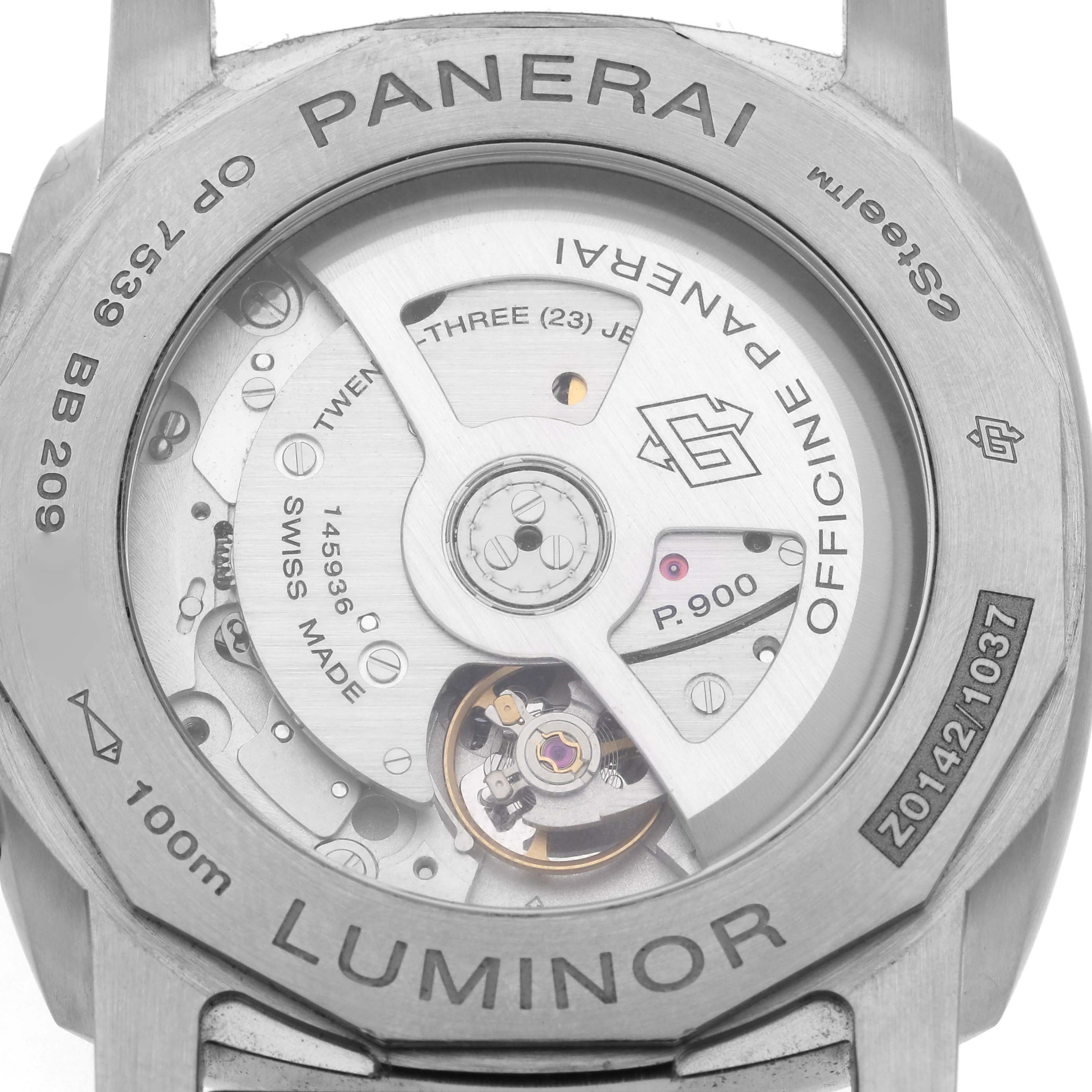 This image shows the back of a Panerai Luminor PAM01404 Men's Stainless Steel Blue Dial PAM01404 Men's Stainless Steel Blue Dial watch, highlighting the movement and internal components through a transparent case back.