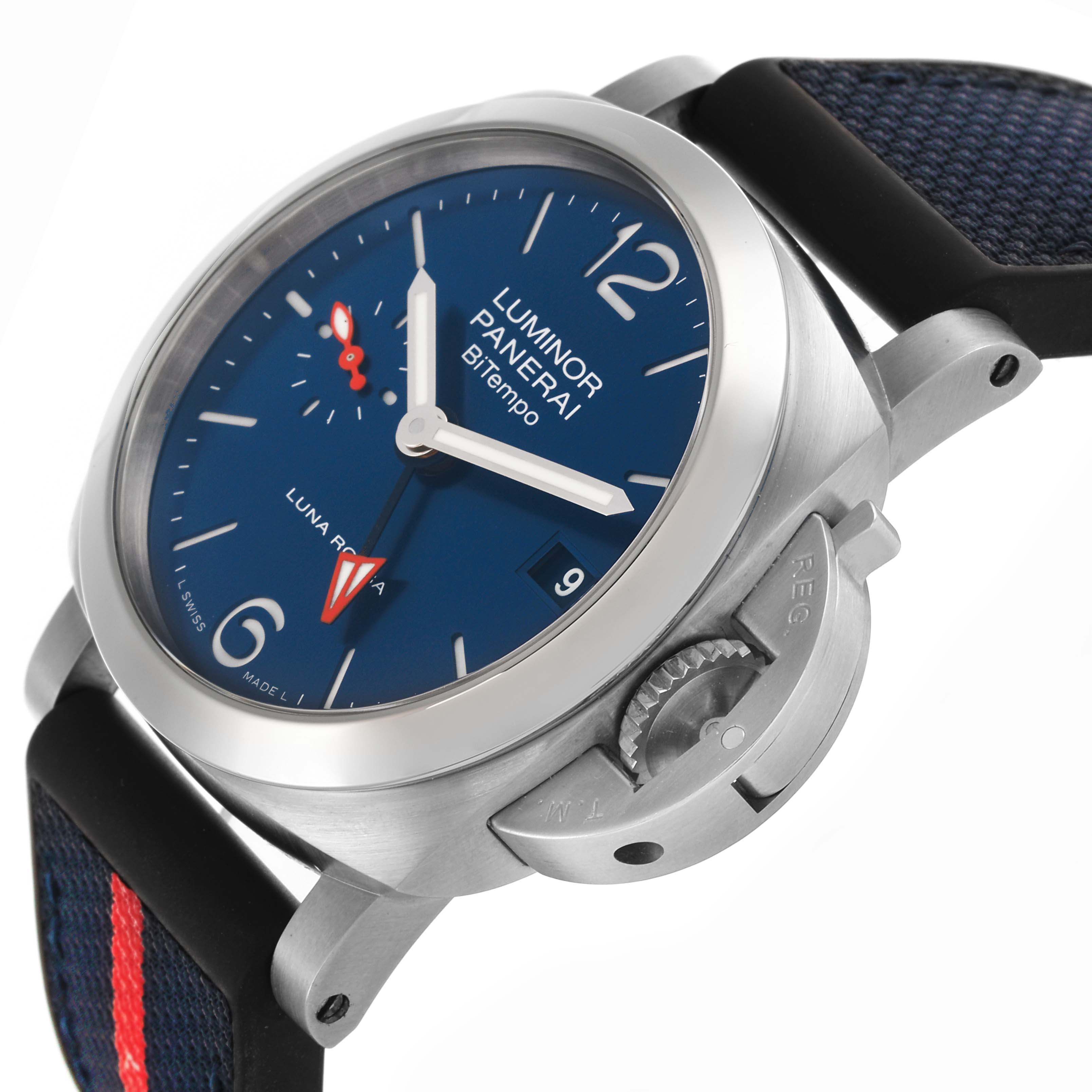 The image shows a side angle of the Panerai Luminor PAM01404 Men's Stainless Steel Blue Dial PAM01404 Men's Stainless Steel Blue Dial watch, highlighting the dial, crown guard, and strap.