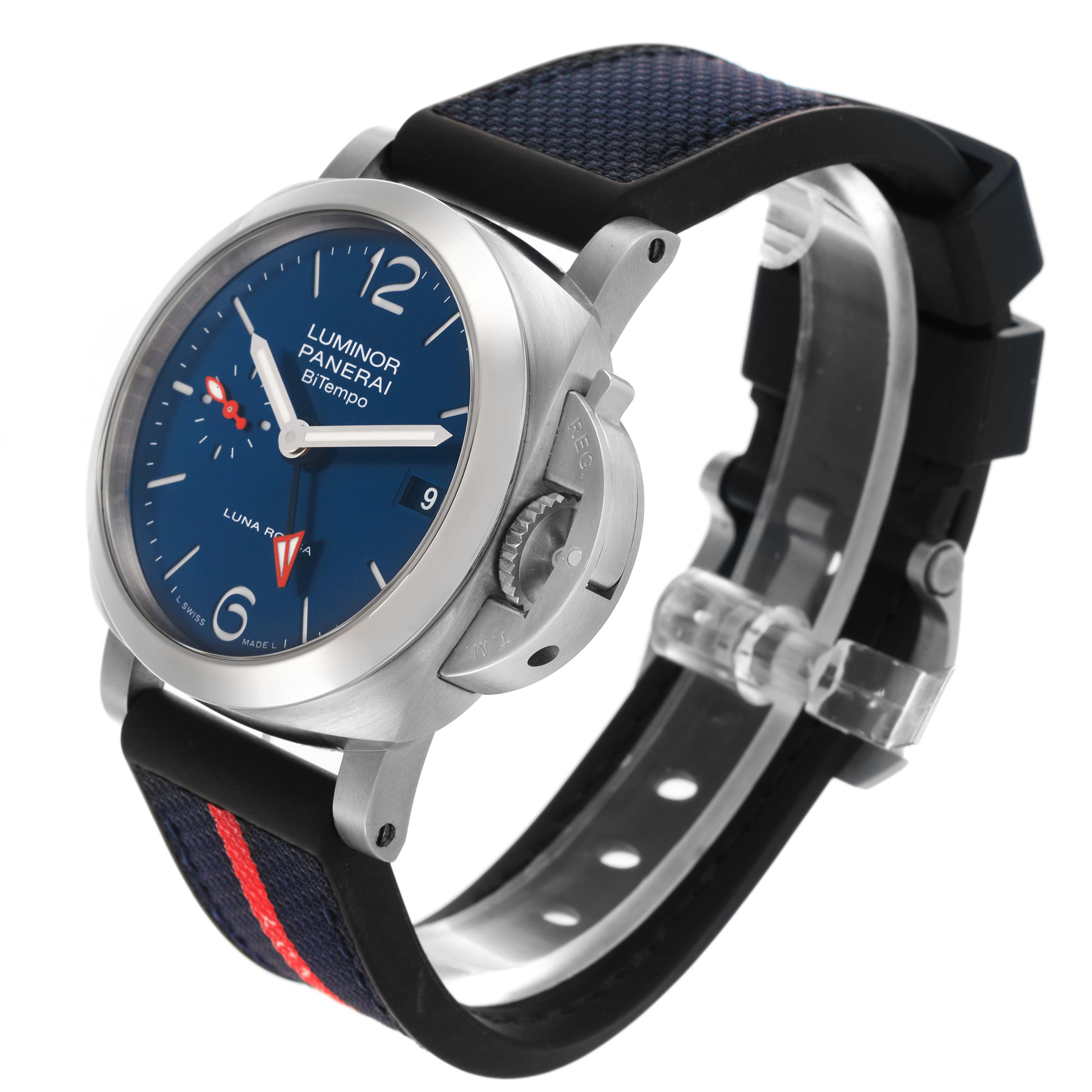 The Panerai Luminor PAM01404 Men's Stainless Steel Blue Dial PAM01404 Men's Stainless Steel Blue Dial watch is shown at an angled side view, displaying the face, crown guard, and strap.