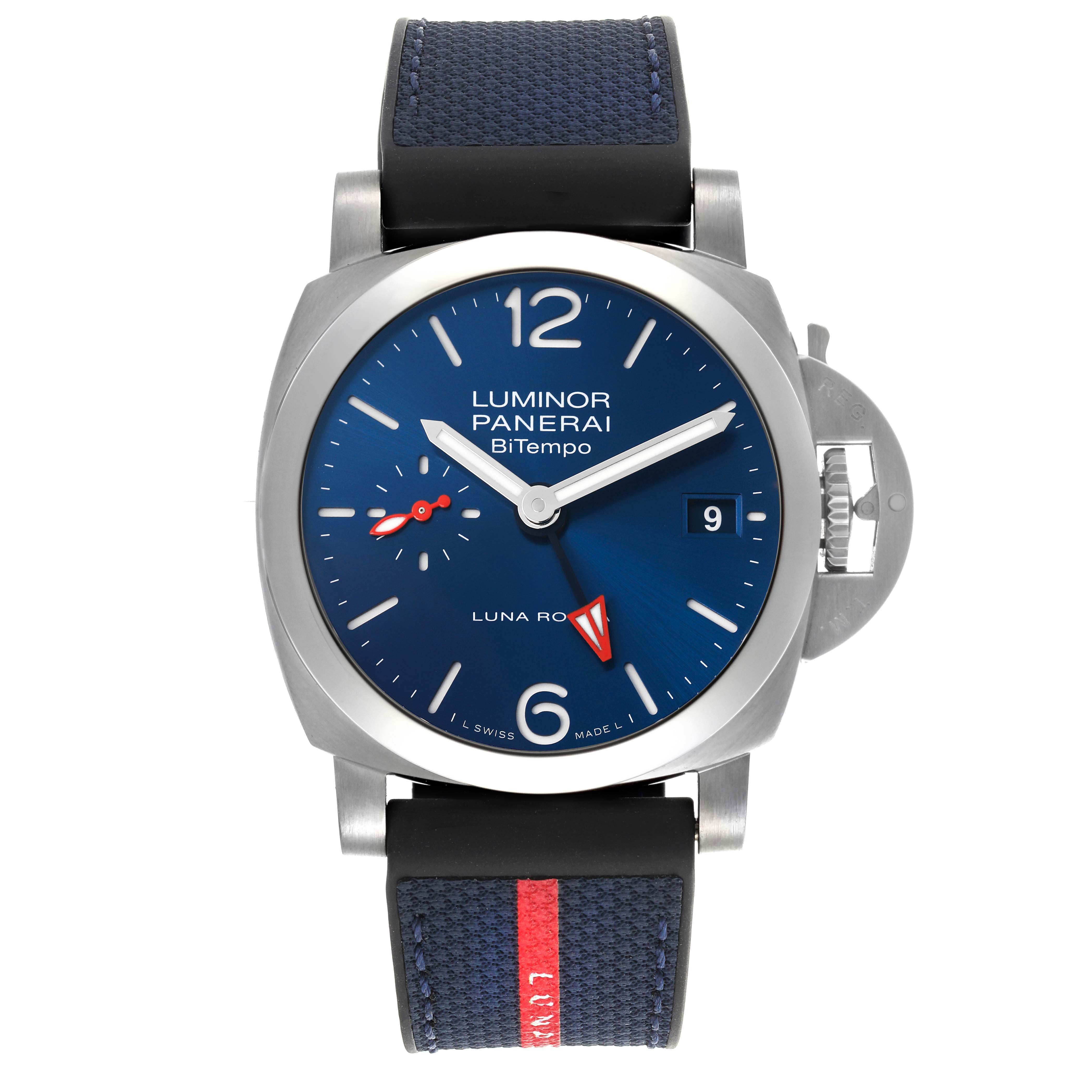 The image shows a front view of the Panerai Luminor PAM01404 Men's Stainless Steel Blue Dial PAM01404 Men's Stainless Steel Blue Dial BiTempo watch, featuring a blue dial and date window.
