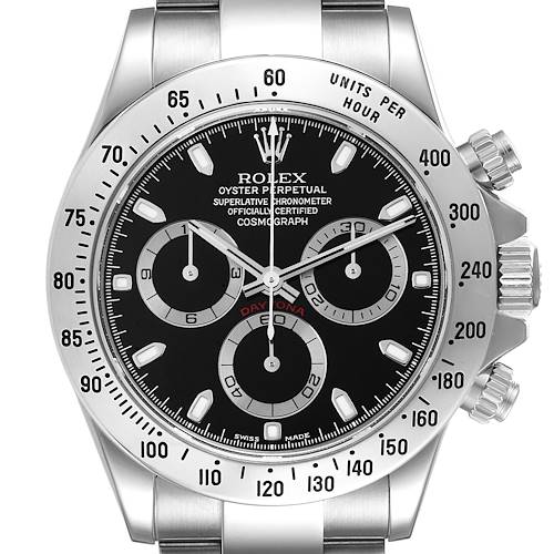 This image shows a front view of the Rolex Daytona 116520 Men's Stainless Steel Black Dial 116520 Men's Stainless Steel Black Dial watch featuring its dial, bezel, and chronograph subdials.