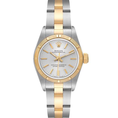 This Rolex Oyster Perpetual 67233 Women's Steel and Gold (two tone) Silver Dial 67233 Women's Steel and Gold (two tone) Silver Dial model is shown from a straight-on angle, displaying the dial, bezel, and bracelet.