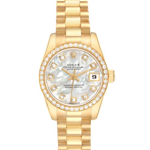 The Rolex President 179138 Women's Yellow Gold Mother of Pearl Dial 179138 Women's Yellow Gold Mother of Pearl Dial model is shown from the front, featuring its gold bracelet, diamond bezel, and dial with date display.