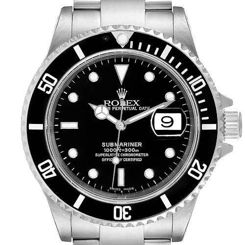 The image shows a front view of a Rolex Submariner 16610 Men's Stainless Steel Black Dial 16610 Men's Stainless Steel Black Dial watch, highlighting its dial, bezel, and bracelet.