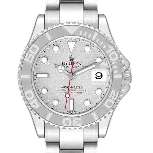 This is a front-facing view of a Rolex Yacht-Master 168622 Men's Stainless Steel Silver Dial 168622 Men's Stainless Steel Silver Dial watch, showing the dial, bezel, and part of the bracelet.