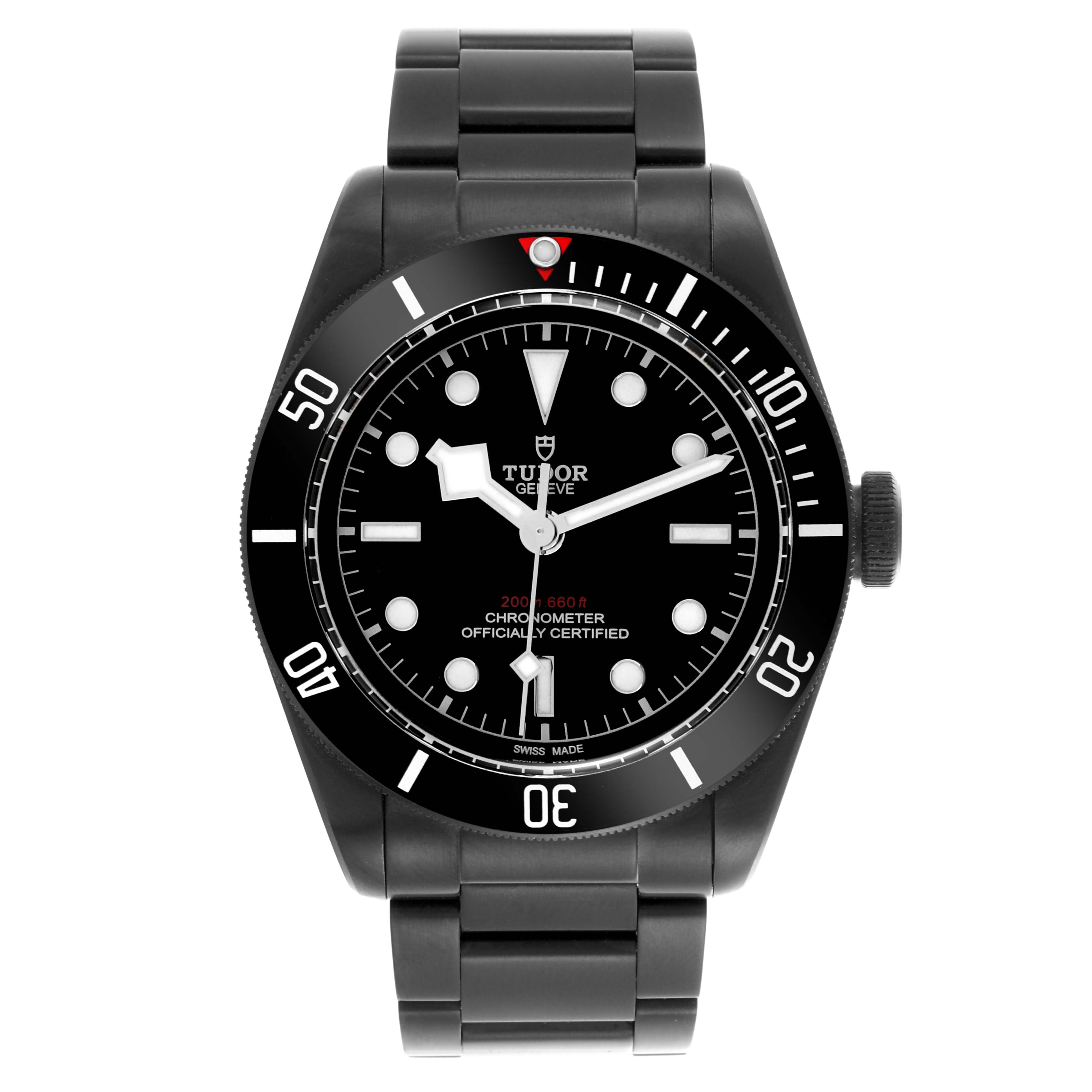 The image shows a frontal view of the Tudor Heritage Black Bay 79230DK Men's Stainless Steel Black Dial 79230DK Men's Stainless Steel Black Dial watch, displaying its dial and bracelet.